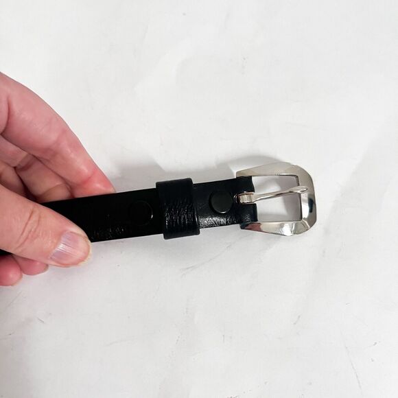 Genuine Shrunken Calf Leather Belt Women Size 32 Black Silver Slim Skinny - Picture 2 of 6